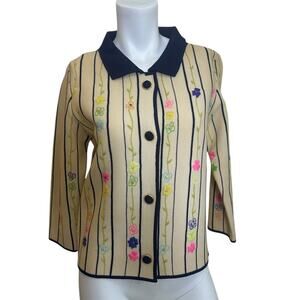 Vintage 60s Puccini Wool Embroidered Floral Stripe Cardigan Mod Preppy Size 8